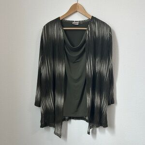 Striped Green & White Chicos Easy Wear 2 set Cardigan with Olive scoop neck Top